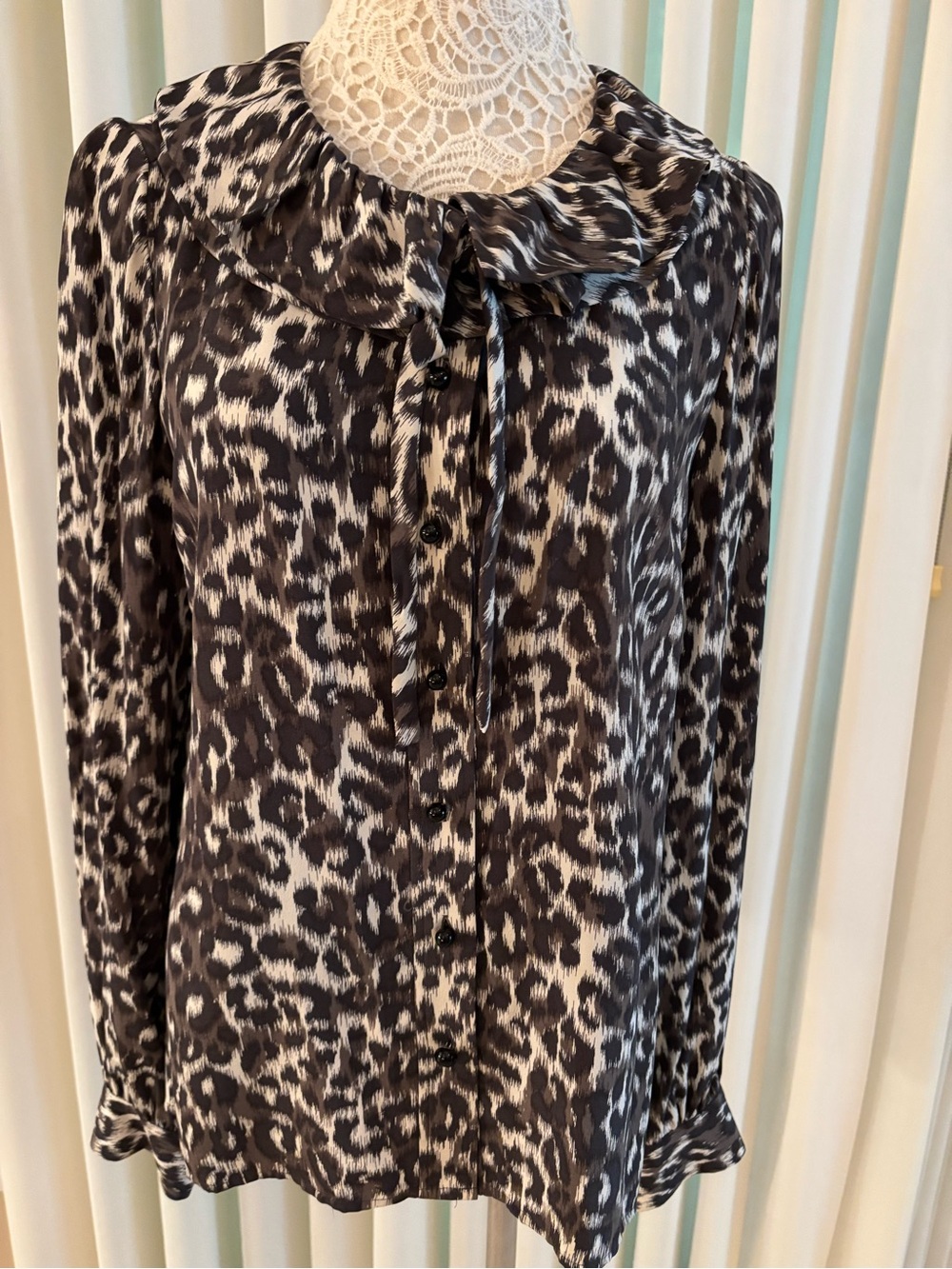 Vintage Kate Spade Womens Black and White Leopard Print Silk Tie-Neck Blouse